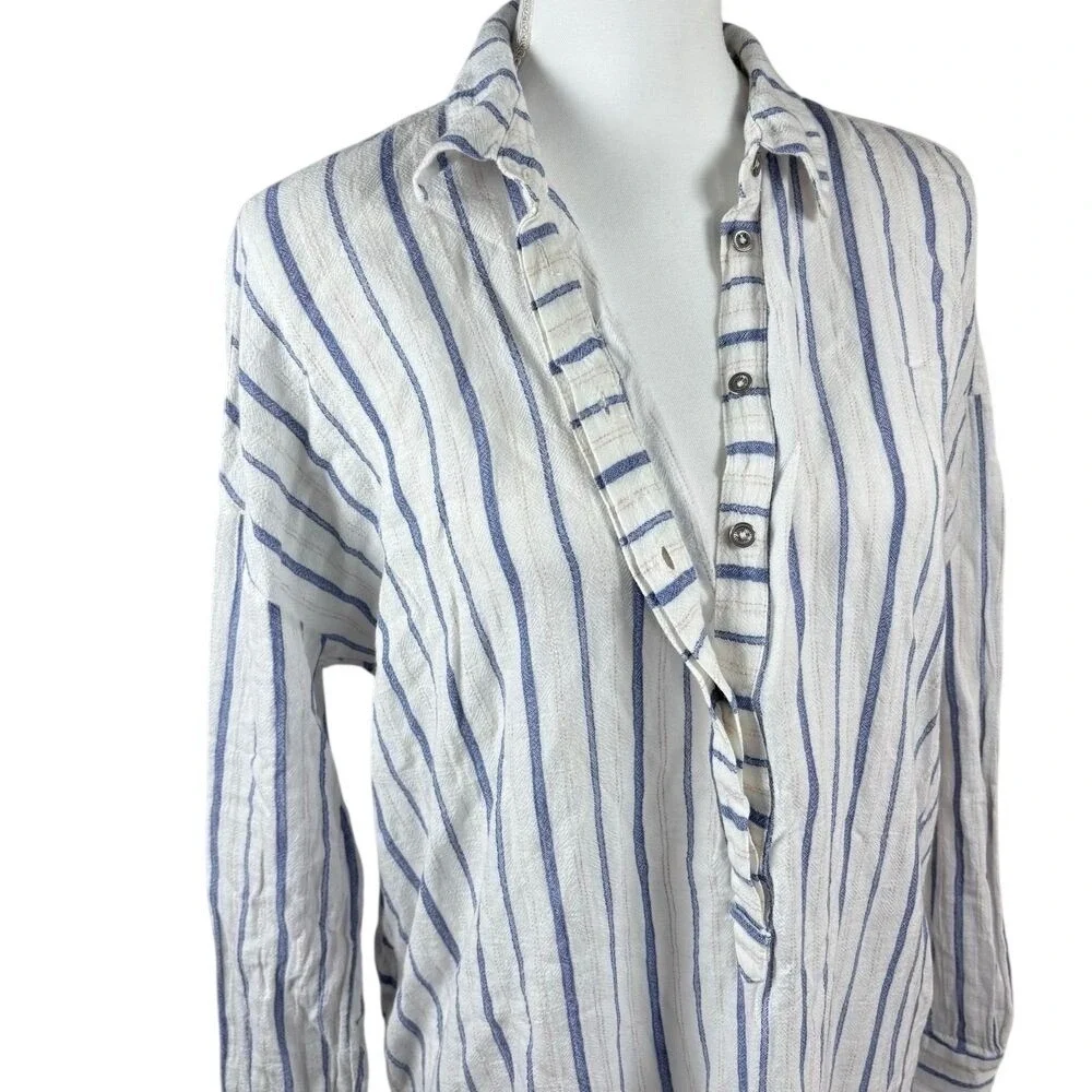 Free People Shirt Dress Stripes 100% Cotton Coastal Boho White Sz S